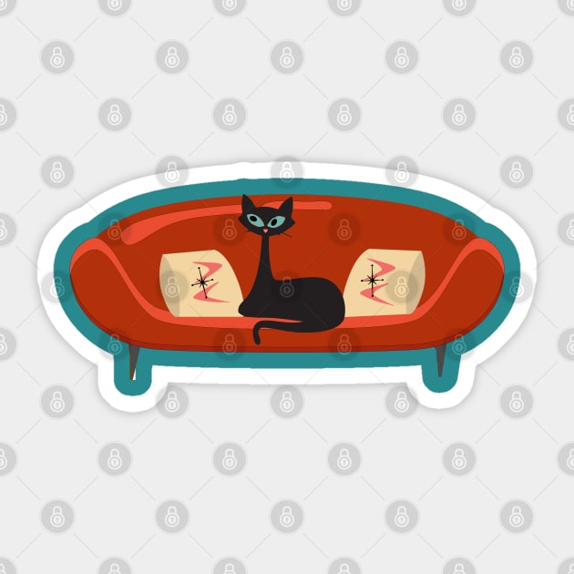 Mid Century Cat Relaxing on a Red MCM Sofa Sticker by Lisa Williams Design